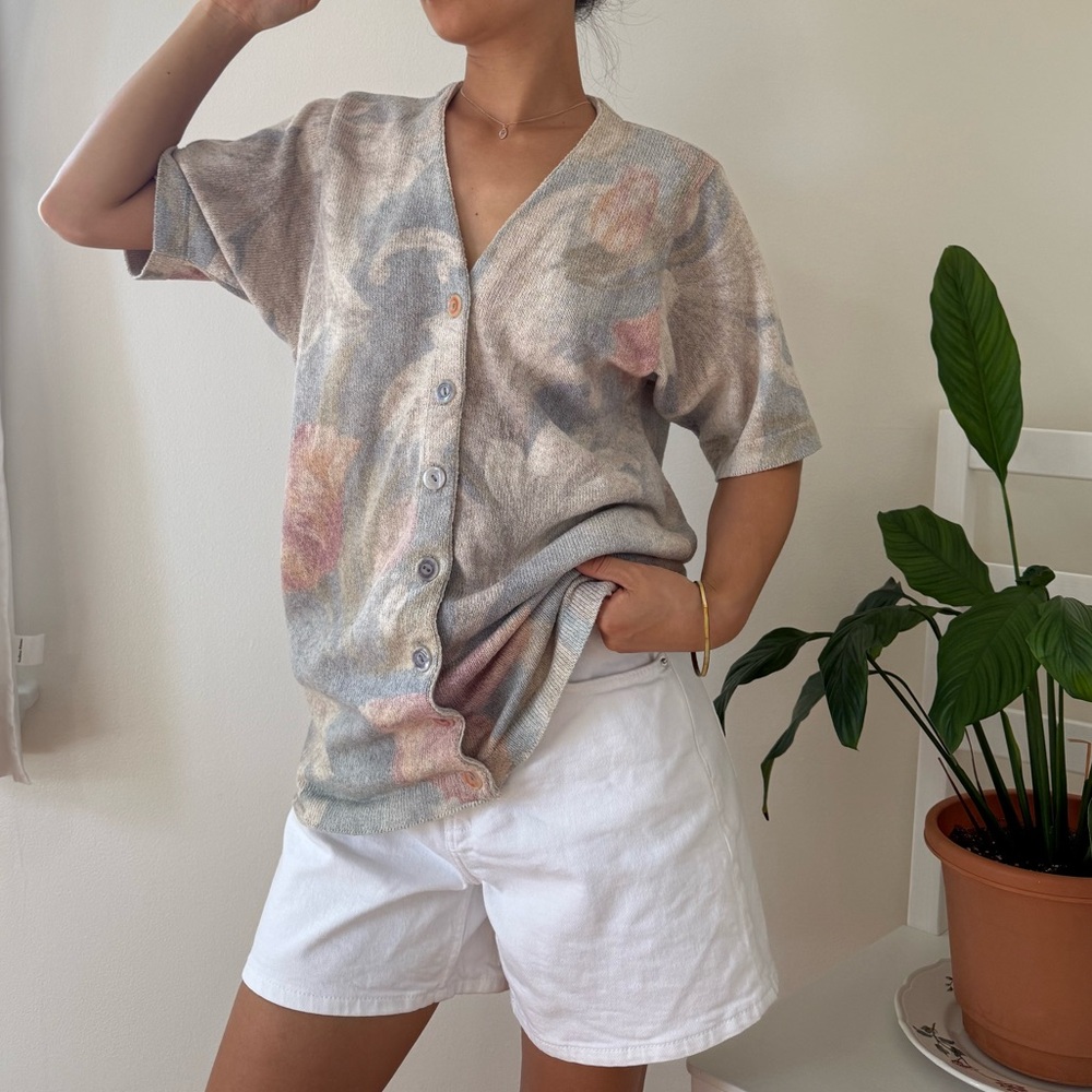 Vintage Gabriella T Cotton Linen Short Sleeve Italy Floral Cardigan Size Small
